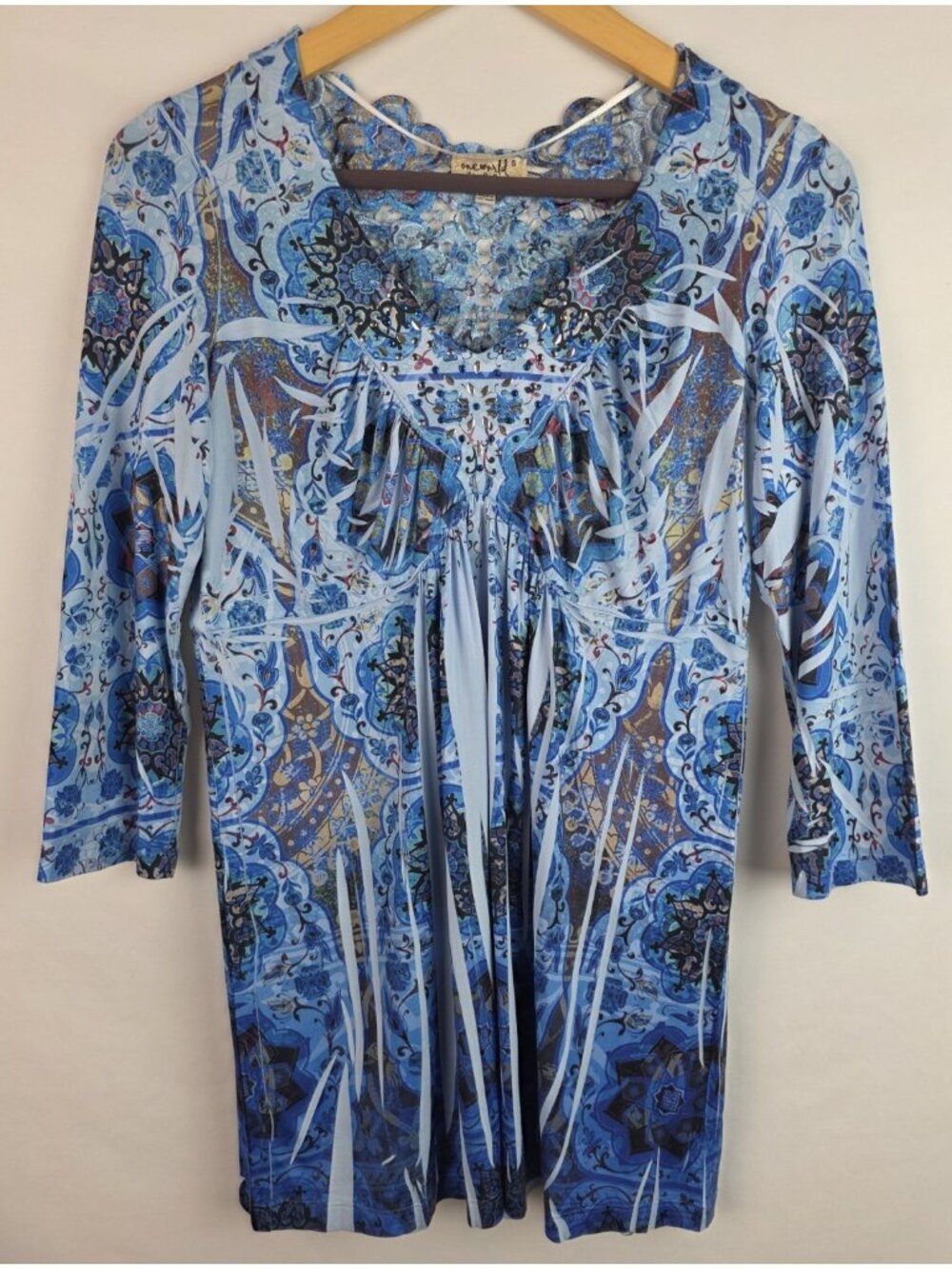 One World Tunic Top Womens Size Small Blue Embellished 3/4 Sleeve Shirt Blouse